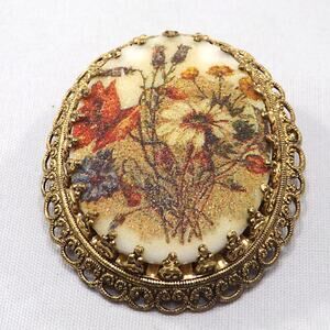 West Germany Sugar Glass Floral Brooch, Filigree Back, 1960s Vintage Jewelry